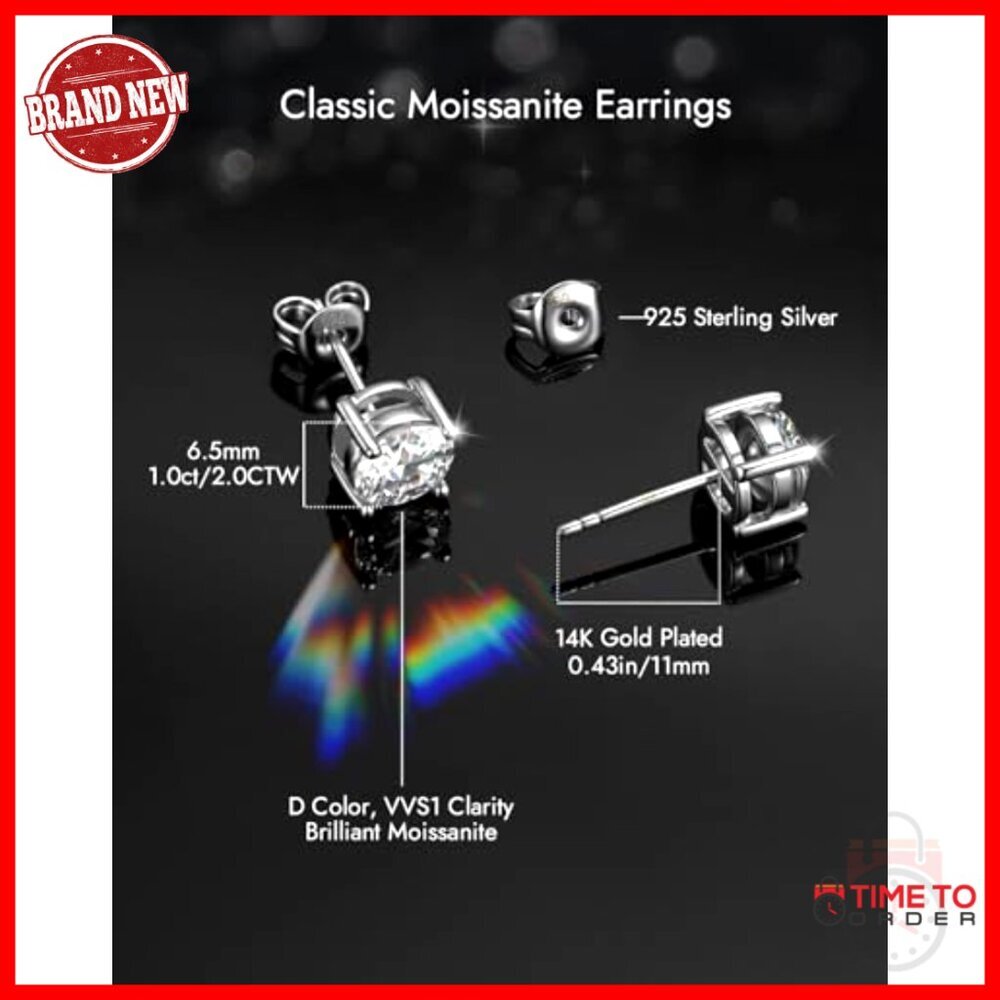 Men's Moissanite Stud Earrings Sterling Silver Gold Plated Hypoallergenic View 3